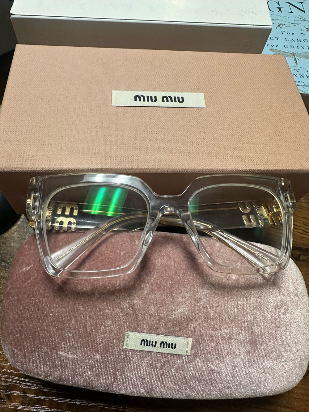 Miu Miu Transparent Clear Square Frame Glasses with Gold Logo Hardware